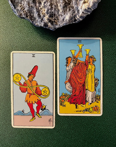 Tarot Musings: February 23, 2023 -- Two of Pentacles and Three of Cups