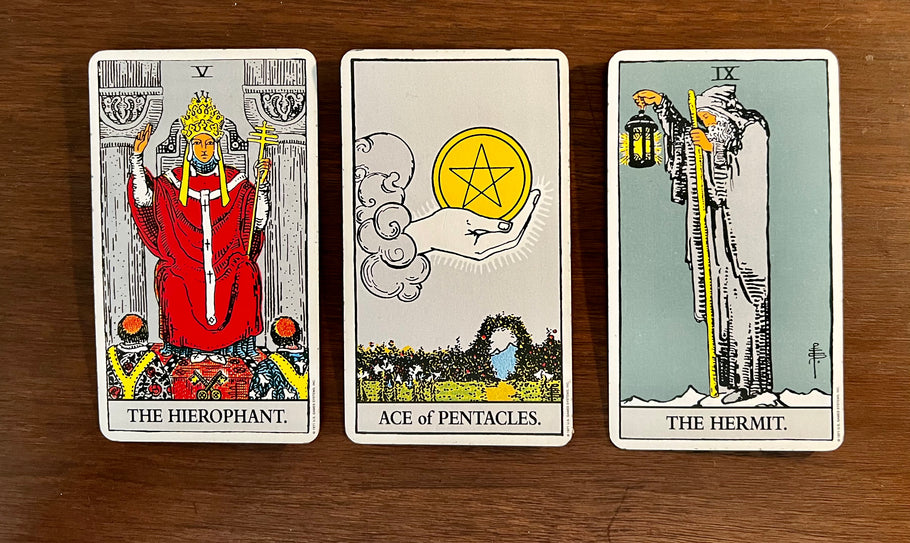 Tarot Musings: June 30, 2022 -- The Hierophant, Ace of Pentacles, The Hermit