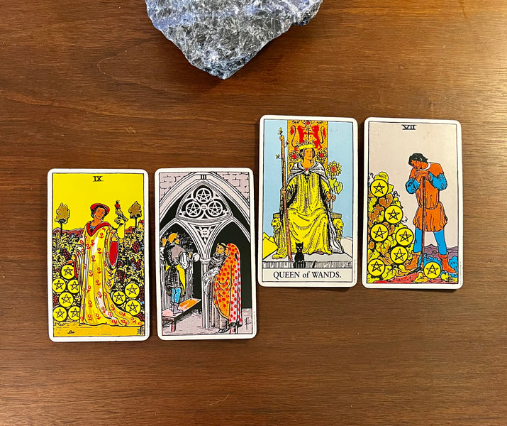 Tarot Musings: November 23, 2022 — Three and Nine of Pentacles, Queen of Wands, Seven of Pentacles