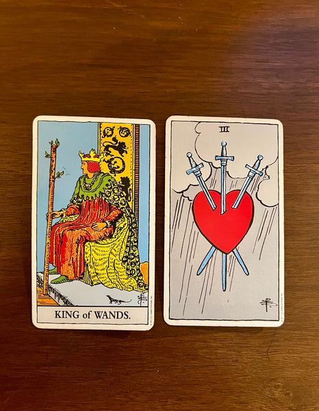 Tarot Musings: Aug. 15, 2022 — King of Wands and Three of Swords