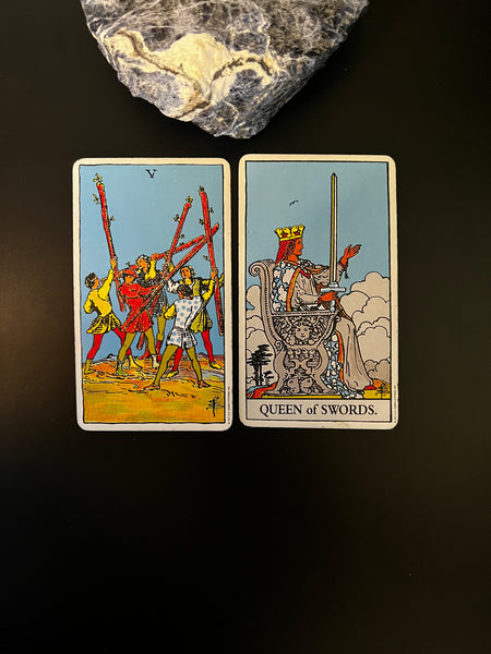 Tarot Musings: December 21, 2022 -- Five of Wands and Queen of Swords