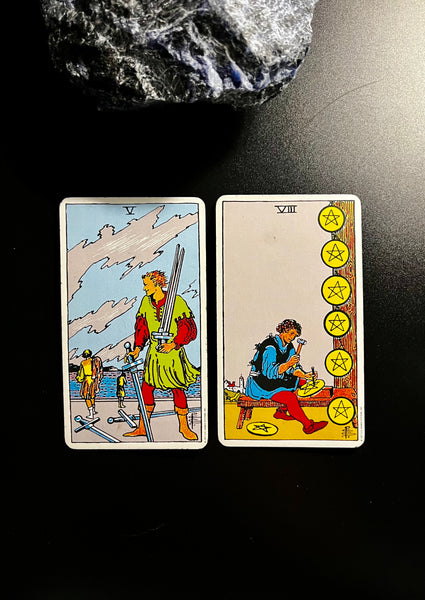 Tarot Musings: December 5, 2022 — Five of Swords and Eight of Pentacles