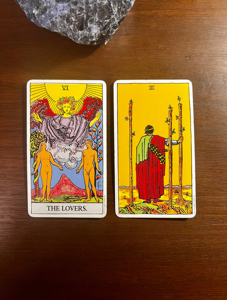 Tarot Musings -- October 16, 2022 -- The Lovers and Three of Wands