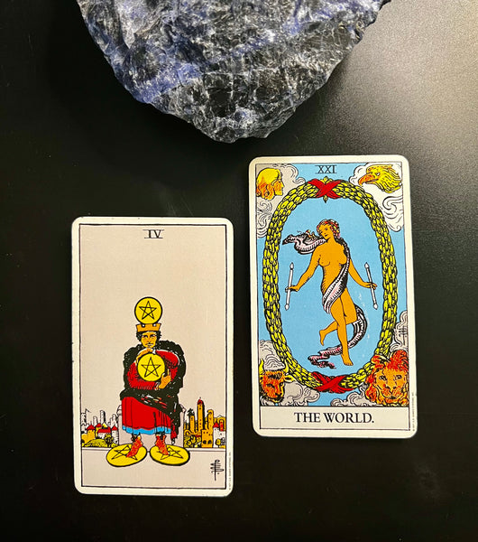 Tarot Musings: May 3, 2023 -- Four of Pentacles and The World